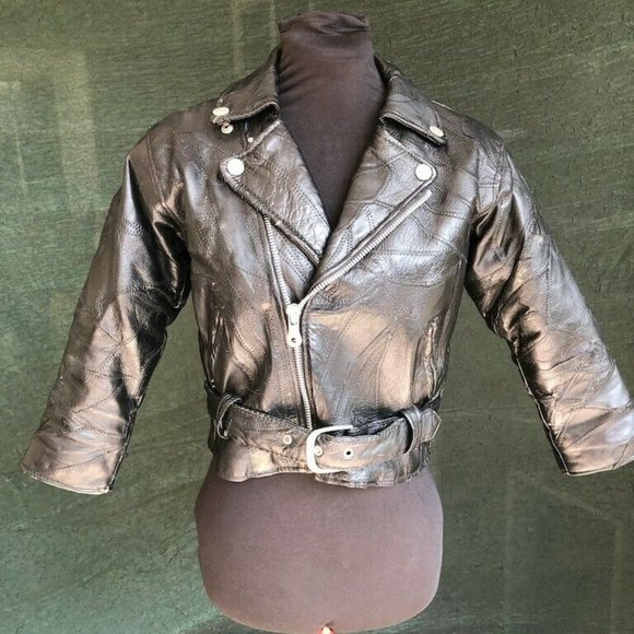 Vintage Diamond Plate Black Leather Crop Jacket Patchwork 3/4 Sleeve Size XS - Picture 1 of 6